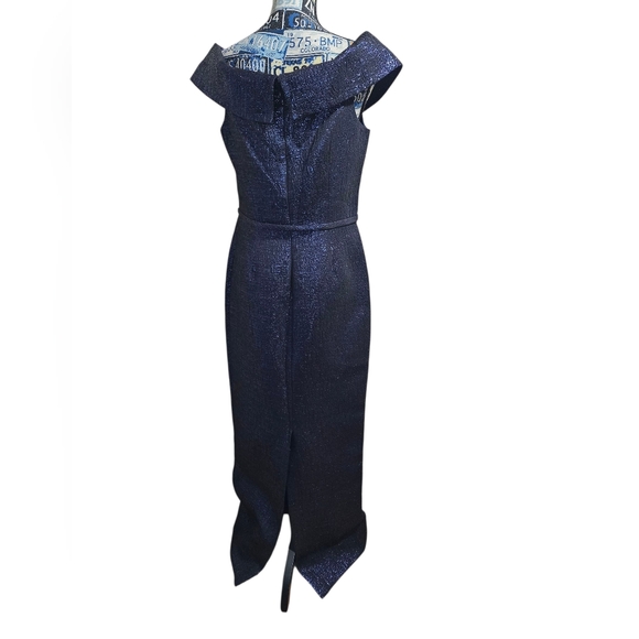 Teri Jon Sapphire Blue Jacquard Off Shoulder Column Gown - Picture 3 of 9